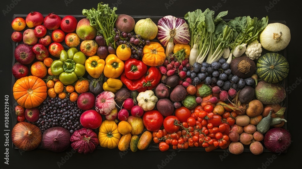 Vibrant overhead arrangement of a diverse selection of fruits and vegetables showcasing an array of colors and textures. Vibrant overhead arrangement of a diverse selection of fruits and vegetables showcasing an array of colors and textures.