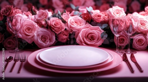 Elegant table setting adorned with pink roses in soft pastel hues, featuring plates and glasses arranged against a romantic floral backdrop. photo