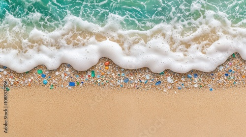 Vibrant microplastics scattered on a sandy beach as a wave recedes, revealing colorful debris along the shoreline under turquoise waters. photo