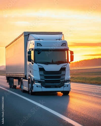 Wallpaper Mural A white truck driving on a highway during a vibrant sunset, showcasing the beauty of transportation and nature. Torontodigital.ca
