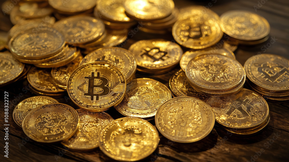 Several piles of gold Bitcoin coins sit on a dark wooden table. Several piles of gold Bitcoin coins sit on a dark wooden table.