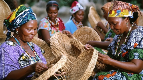 Cultural Traditions in Colorful Harmony: Zulu Women Weaving Baskets in KwaZulu-Natal's Village, Passing Knowledge to Younger Generation photo