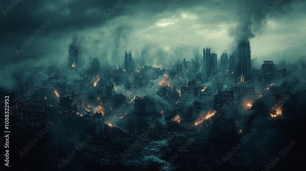 Fototapeta premium A haunting post-apocalyptic cityscape featuring crumbling buildings and desolate streets bathed in a gloomy atmosphere, symbolizing decay, resilience, and the power of nature reclaiming urban spaces