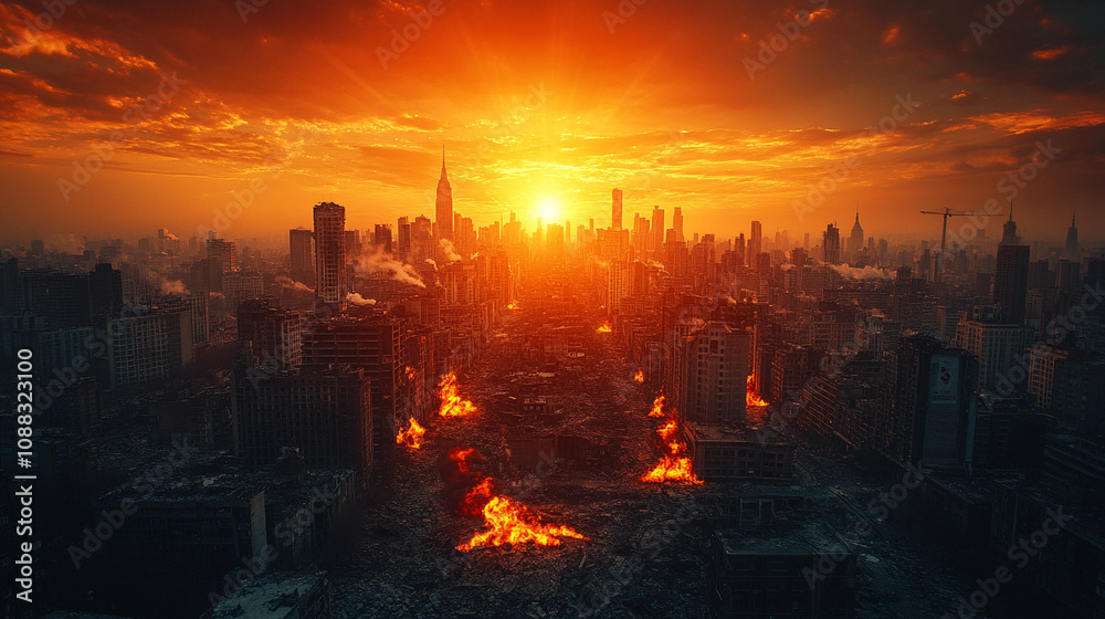 A haunting post-apocalyptic cityscape featuring crumbling buildings and desolate streets bathed in a gloomy atmosphere, symbolizing decay, resilience, and the power of nature reclaiming urban spaces A haunting post-apocalyptic cityscape featuring crumbling buildings and desolate streets bathed in a gloomy atmosphere, symbolizing decay, resilience, and the power of nature reclaiming urban spaces