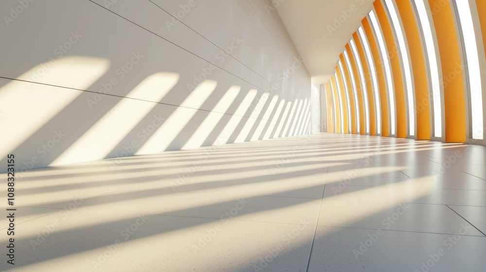 Obraz premium A bright, modern interior with striking yellow lines and dramatic shadows creating a dynamic, minimalist aesthetic.