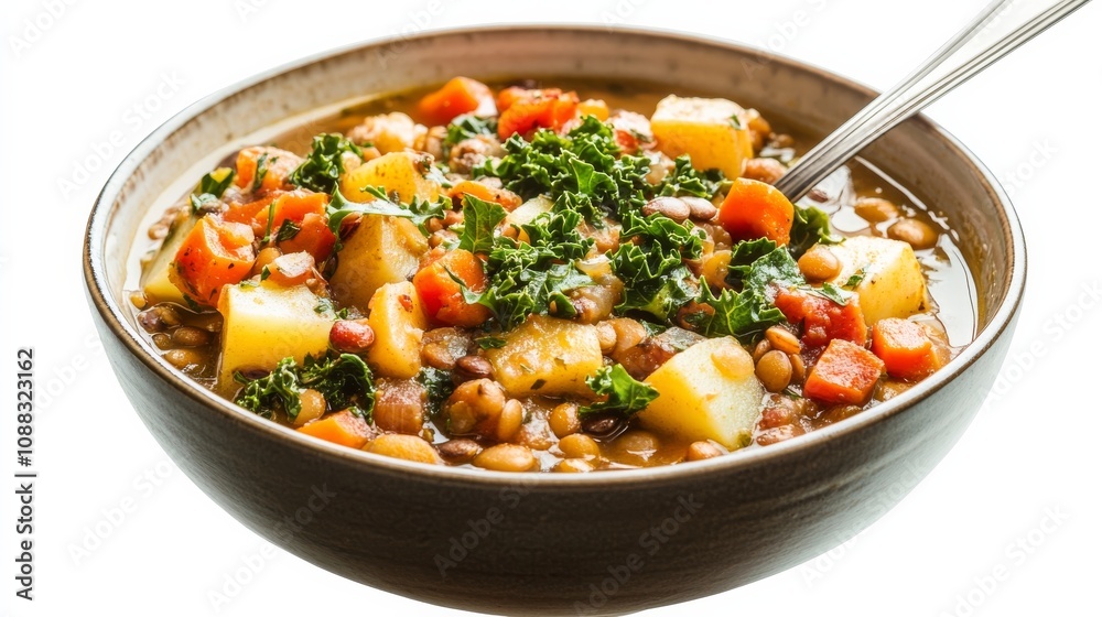 A bowl of hearty lentil and vegetable stew with carrots, potatoes, tomatoes A bowl of hearty lentil and vegetable stew with carrots, potatoes, tomatoes