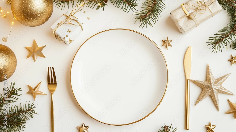Elegant festive table setting with gold cutlery, blank white plate, and holiday decorations including stars, pine branches, and shiny ornaments for seasonal celebrations Elegant festive table setting with gold cutlery, blank white plate, and holiday decorations including stars, pine branches, and shiny ornaments for seasonal celebrations
