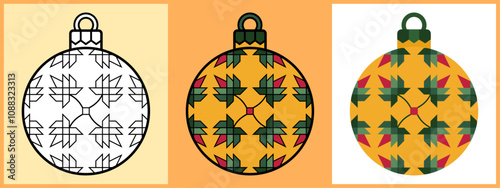Christmas Ornament Balls with Whirl Floral pattern, Outline Coloring Flat style. Vector illustration.