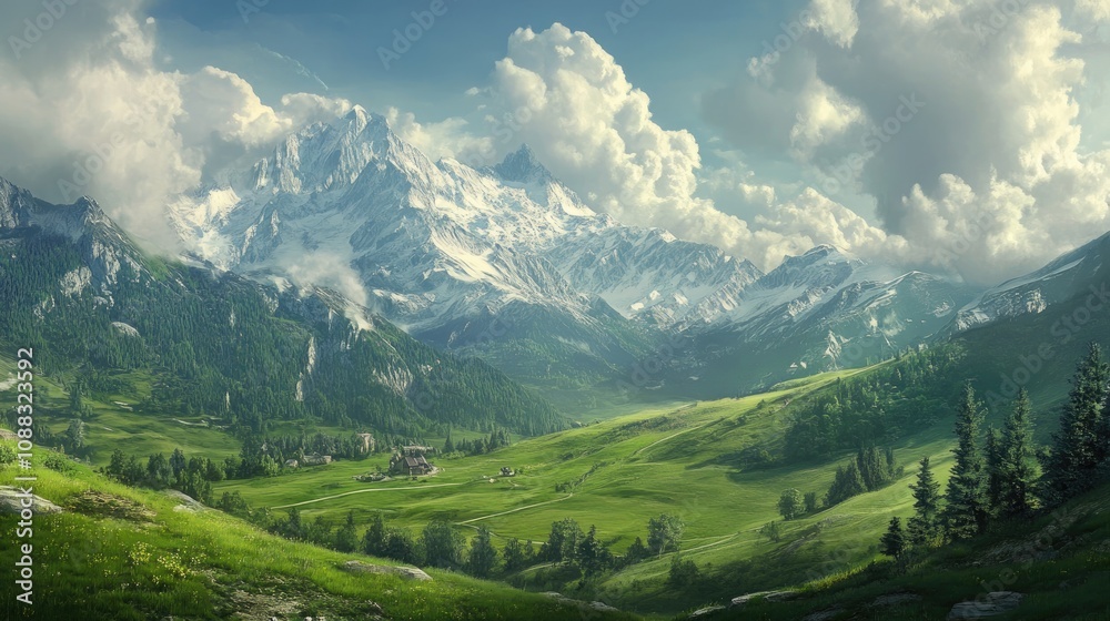 Lush open world landscape showcasing majestic mountains, vibrant green valleys, and dramatic clouds ideal for immersive game art design.