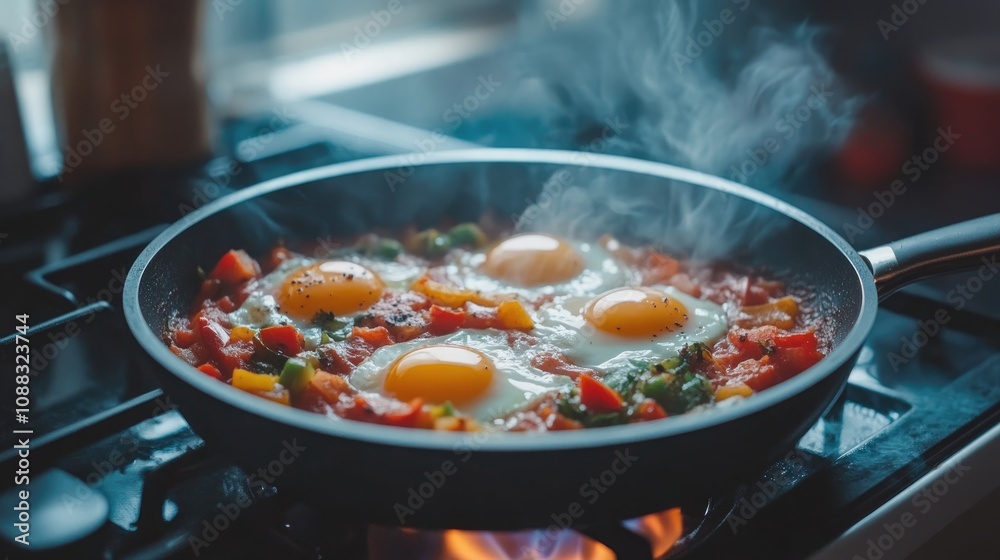 Close-up of Shakshuka with perfectly poached eggs simmering in a vibrant tomato and pepper sauce, served in a sizzling frying pan on a kitchen stove. Close-up of Shakshuka with perfectly poached eggs simmering in a vibrant tomato and pepper sauce, served in a sizzling frying pan on a kitchen stove.