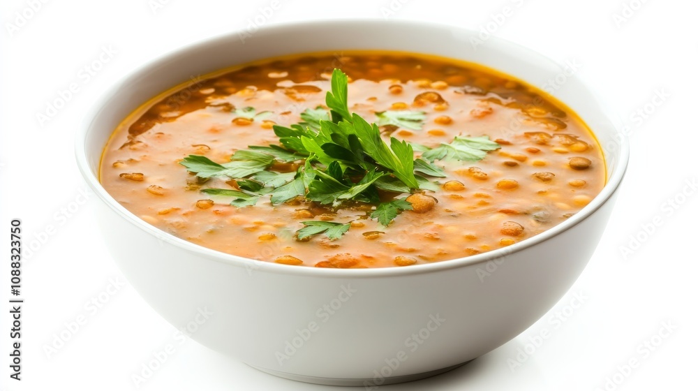 A bowl of hearty lentil soup garnished with fresh parsley and a drizzle of olive oil, Each spoonful filled with comforting and aromatic flavors A bowl of hearty lentil soup garnished with fresh parsley and a drizzle of olive oil, Each spoonful filled with comforting and aromatic flavors