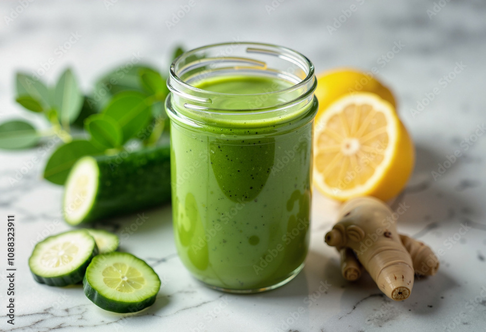 Refreshing green smoothie bursting with vitality featuring cucumber, ginger, and lemon