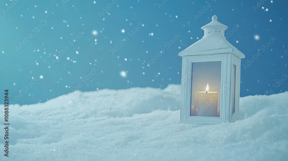 White lantern glowing softly in the snow with shimmering blue starry background, creating a serene winter wonderland ambiance. White lantern glowing softly in the snow with shimmering blue starry background, creating a serene winter wonderland ambiance.