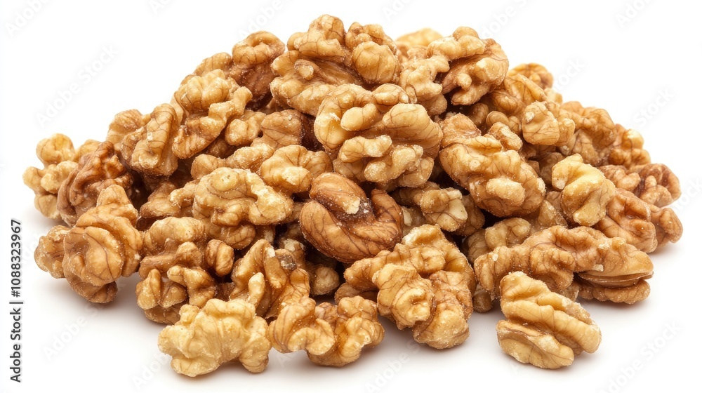 Raw walnuts piled high showcasing their rich, textured surfaces against a pure white background, emphasizing their natural color and form. Raw walnuts piled high showcasing their rich, textured surfaces against a pure white background, emphasizing their natural color and form.