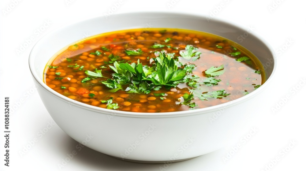 A bowl of hearty lentil soup garnished with fresh parsley and a drizzle of olive oil, Each spoonful filled with comforting and aromatic flavors A bowl of hearty lentil soup garnished with fresh parsley and a drizzle of olive oil, Each spoonful filled with comforting and aromatic flavors