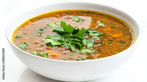 A bowl of hearty lentil soup garnished with fresh parsley and a drizzle of olive oil, Each spoonful filled with comforting and aromatic flavors