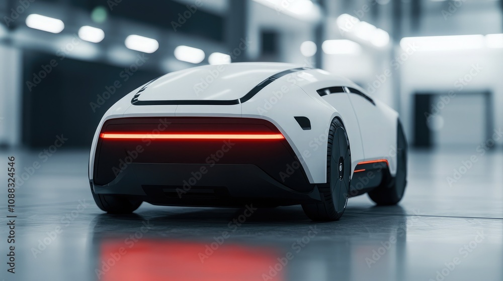 Naklejka premium A sleek, futuristic white car with minimalistic design and glowing red lights, set in a modern, spacious environment.