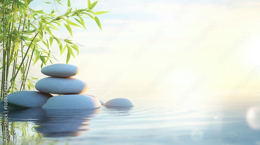 Tranquil natural scene with balanced stones, bamboo, and calm water under soft sunlight, ideal for yoga and relaxation themes, featuring ample copy space. Tranquil natural scene with balanced stones, bamboo, and calm water under soft sunlight, ideal for yoga and relaxation themes, featuring ample copy space.