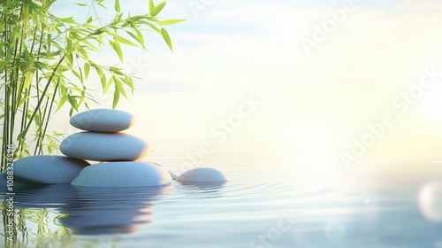 Tranquil natural scene with balanced stones, bamboo, and calm water under soft sunlight, ideal for yoga and relaxation themes, featuring ample copy space.
