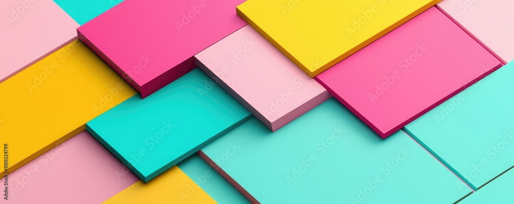 A vibrant arrangement of colorful paper squares in pink, yellow, and turquoise, creating a lively and playful visual texture.