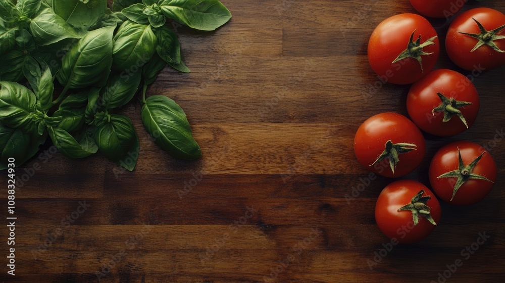 Fresh ripe tomatoes and vibrant basil leaves beautifully arranged in an aerial view on a rustic wooden surface with ample negative space. Fresh ripe tomatoes and vibrant basil leaves beautifully arranged in an aerial view on a rustic wooden surface with ample negative space.