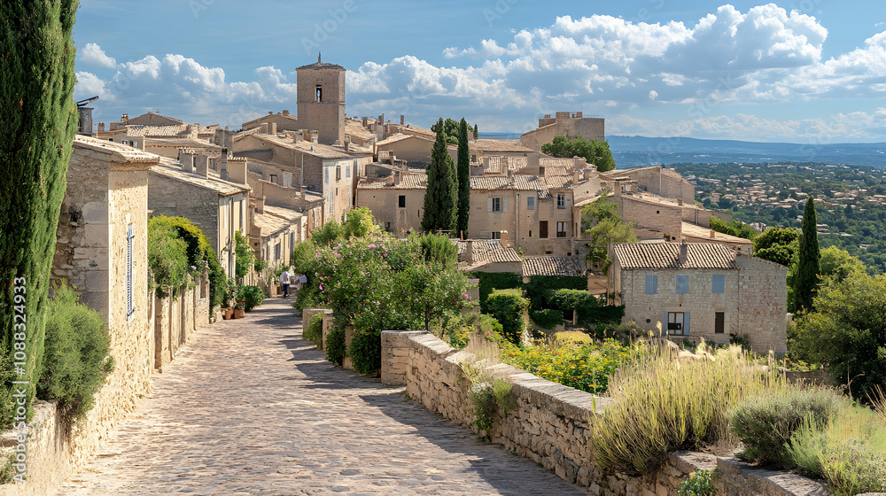 A Cobblestone Path Winds Through a Picturesque European Village, with Stone Buildings, Lush Greenery, and a Distant View of Rolling Hills on a Sunny Day A Cobblestone Path Winds Through a Picturesque European Village, with Stone Buildings, Lush Greenery, and a Distant View of Rolling Hills on a Sunny Day