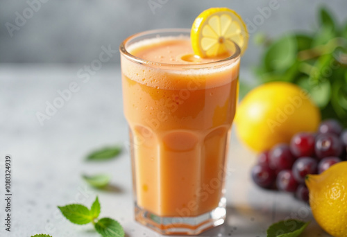 Refreshing smoothie bursting with citrus and fruit flavors in a vibrant kitchen setting