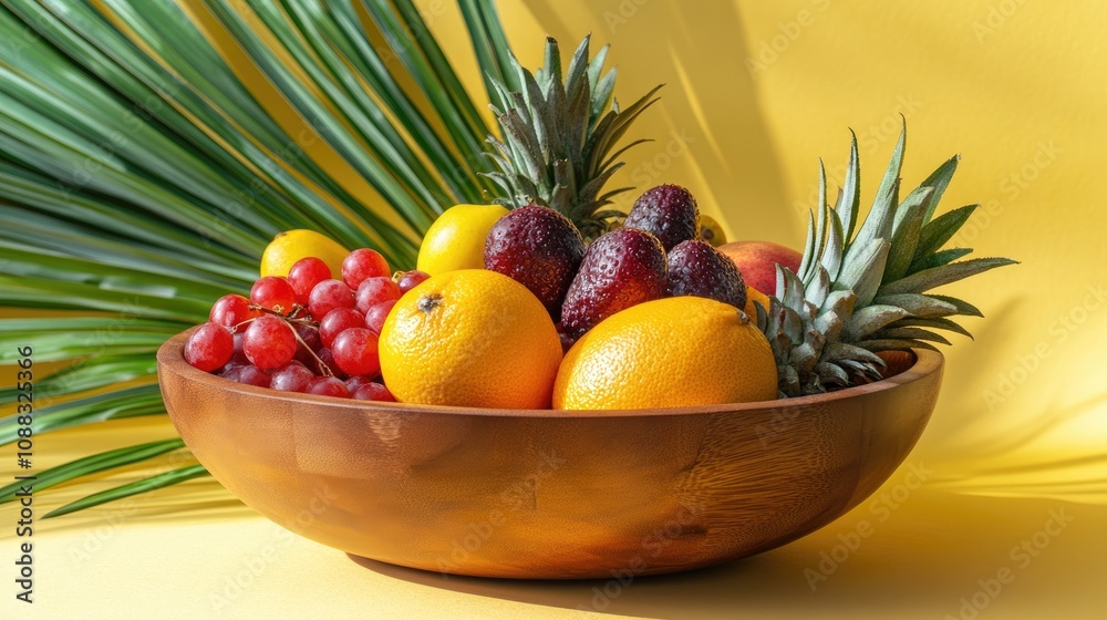 Vibrant tropical fruits including grapes, oranges, and pineapples in a wooden bowl, set against a bright yellow background with a palm leaf accent. Vibrant tropical fruits including grapes, oranges, and pineapples in a wooden bowl, set against a bright yellow background with a palm leaf accent.