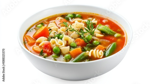 A bowl of hearty minestrone soup filled with seasonal vegetables and tender pasta, Each spoonful brimming with wholesome goodness