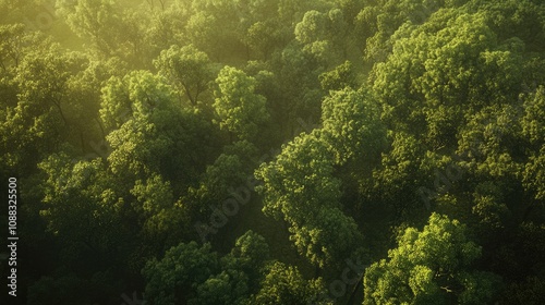 Aerial perspective of a dense, vibrant forest with an abundance of lush, green trees, highlighting a thriving ecosystem and rich textures of nature's greenery from above.