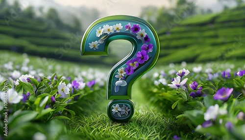 Translucent green question mark adorned with flowers in a blooming field, symbolizing curiosity, mystery, and the beauty of nature
