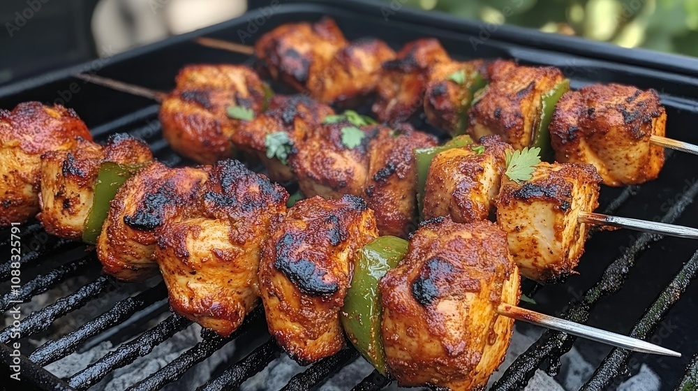 Grilled Chicken Tikka Skewers Marinated in Spices with Bell Peppers Charred Over Charcoal Flames Garnished with Fresh Herbs Grilled Chicken Tikka Skewers Marinated in Spices with Bell Peppers Charred Over Charcoal Flames Garnished with Fresh Herbs