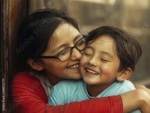 Mother embracing son with glasses, family bond moments, parenting love and joy