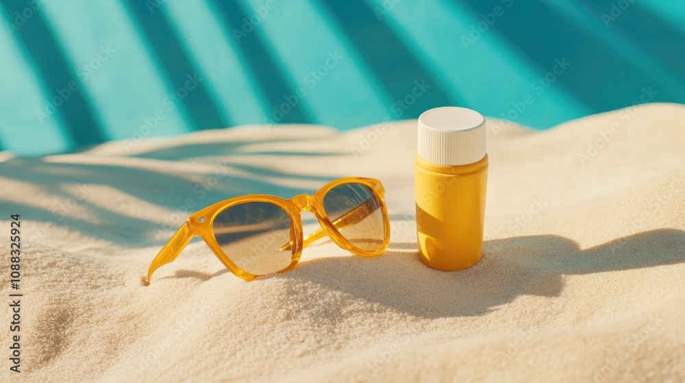 Sunscreen bottle and yellow sunglasses resting on a soft sandy beach, surrounded by gentle shadows and a vibrant blue background. Sunscreen bottle and yellow sunglasses resting on a soft sandy beach, surrounded by gentle shadows and a vibrant blue background.