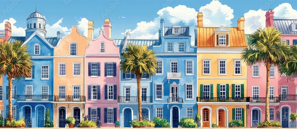 Fototapeta premium Colorful historic Charleston South Carolina buildings and palm trees, tropical architecture inspiration, charming street aesthetic
