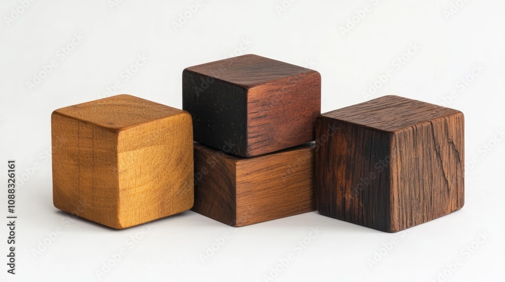 Stack of four distinct wooden cubes displaying varied textures and hues against a clean white backdrop Stack of four distinct wooden cubes displaying varied textures and hues against a clean white backdrop