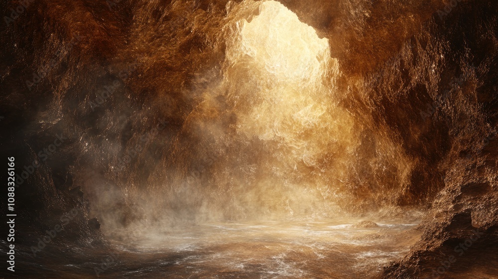 Abstract representation of philosophical themes from the allegory of the cave featuring a soft-focused cave entrance illuminated by warm, glowing light and misty surroundings. Abstract representation of philosophical themes from the allegory of the cave featuring a soft-focused cave entrance illuminated by warm, glowing light and misty surroundings.