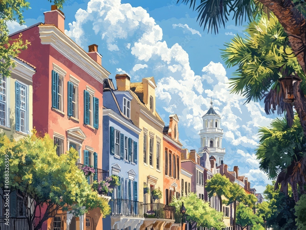 Fototapeta premium Charming colorful Charleston South Carolina houses on a sunny street, historic architecture in urban scenery, vibrant residential district.