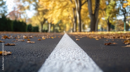 Autumn park scene showcasing a pedestrian path with a crisp white line, captured from a low angle with selective focus on fallen leaves and vibrant yellow trees in the background.