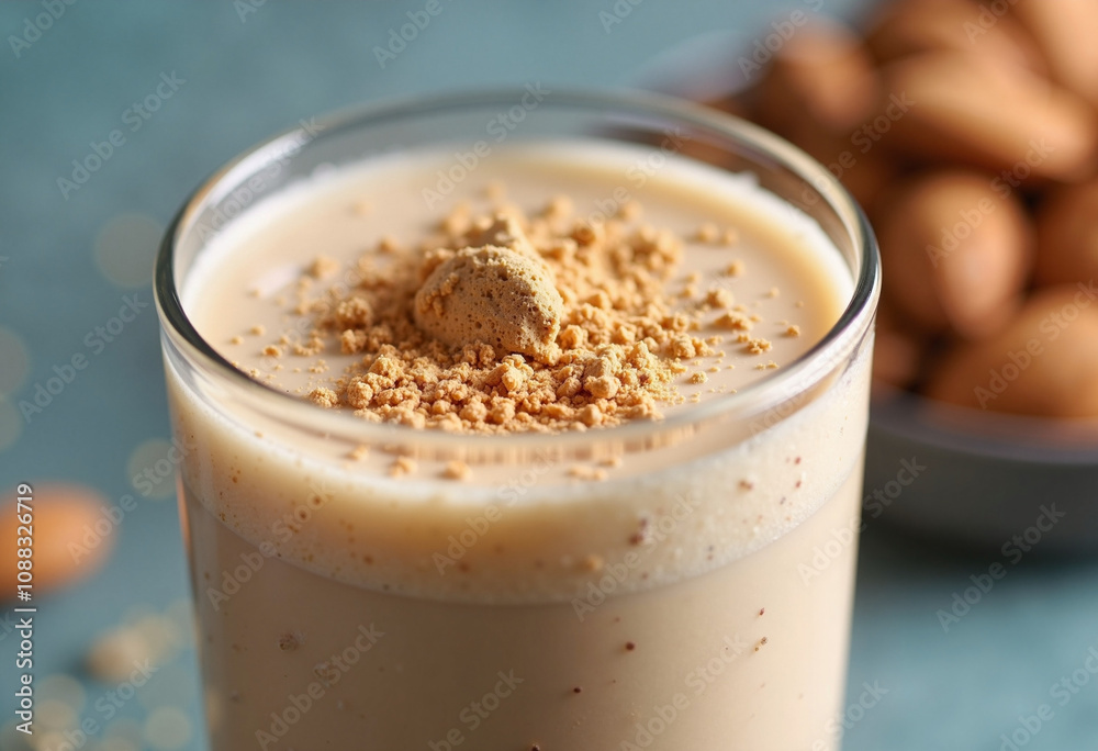 Creamy almond smoothie topped with nutty goodness and a hint of sweetness for a refreshing treat Creamy almond smoothie topped with nutty goodness and a hint of sweetness for a refreshing treat