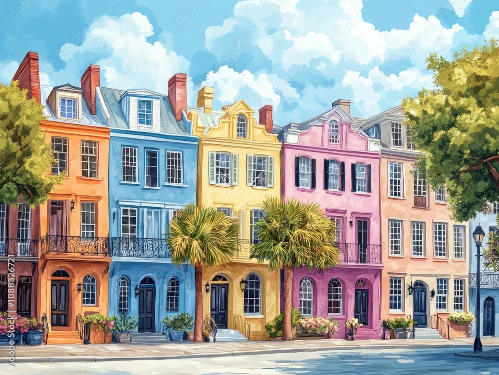 Fototapeta premium Picturesque pastel Charleston South Carolina houses in a cozy neighborhood, scenic streetscape with greenery and timeless charm.