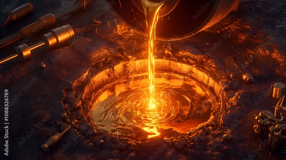 Molten Gold Pouring Into Cast Iron Mold in Metalwork Workshop