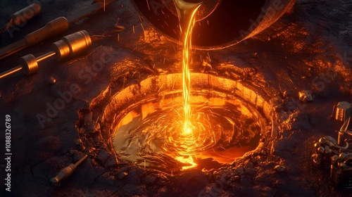 Molten Gold Pouring Into Cast Iron Mold in Metalwork Workshop photo