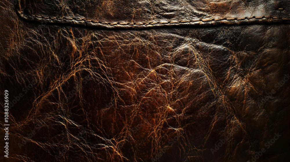Close-up View of Brown Leather Texture with Stitching, Showcasing the Natural Wrinkles and Grain Patterns of Aged Leather, Perfect for Backgrounds and Design Elements Close-up View of Brown Leather Texture with Stitching, Showcasing the Natural Wrinkles and Grain Patterns of Aged Leather, Perfect for Backgrounds and Design Elements