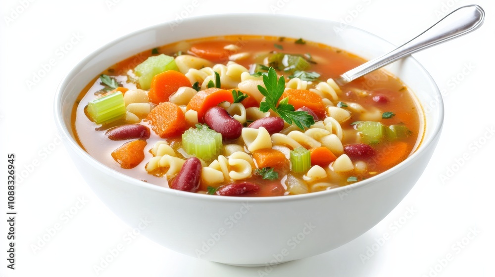 A bowl of hearty minestrone soup with pasta, beans, carrots A bowl of hearty minestrone soup with pasta, beans, carrots