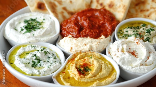 A vibrant platter featuring an assortment of Mediterranean dips including hummus, baba ganoush, and tzatziki, served with warm pita bread.