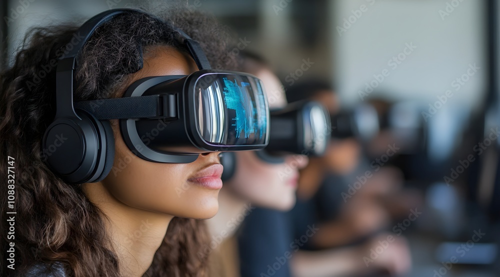A group of individuals wearing virtual reality headsets, immersed in an engaging digital experience, highlighting modern technology's impact on entertainment. A group of individuals wearing virtual reality headsets, immersed in an engaging digital experience, highlighting modern technology's impact on entertainment.
