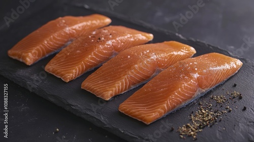 Fresh salmon fillets seasoned with spices neatly lined on a dark stone surface, highlighting the vibrant orange color and texture of the fish. photo