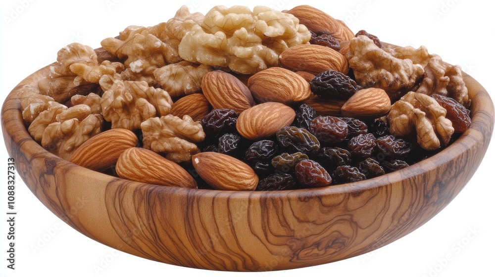 A rustic wooden bowl brimming with assorted nuts including walnuts, almonds, and a mix of golden and dark raisins. A rustic wooden bowl brimming with assorted nuts including walnuts, almonds, and a mix of golden and dark raisins.