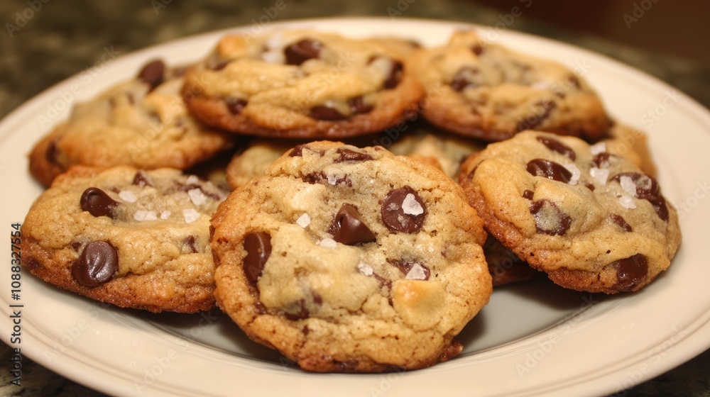 Delicious homemade chocolate chip cookies topped with flaky sea salt, showcasing a golden crust and gooey chocolate chunks. Perfect for dessert lovers. Delicious homemade chocolate chip cookies topped with flaky sea salt, showcasing a golden crust and gooey chocolate chunks. Perfect for dessert lovers.